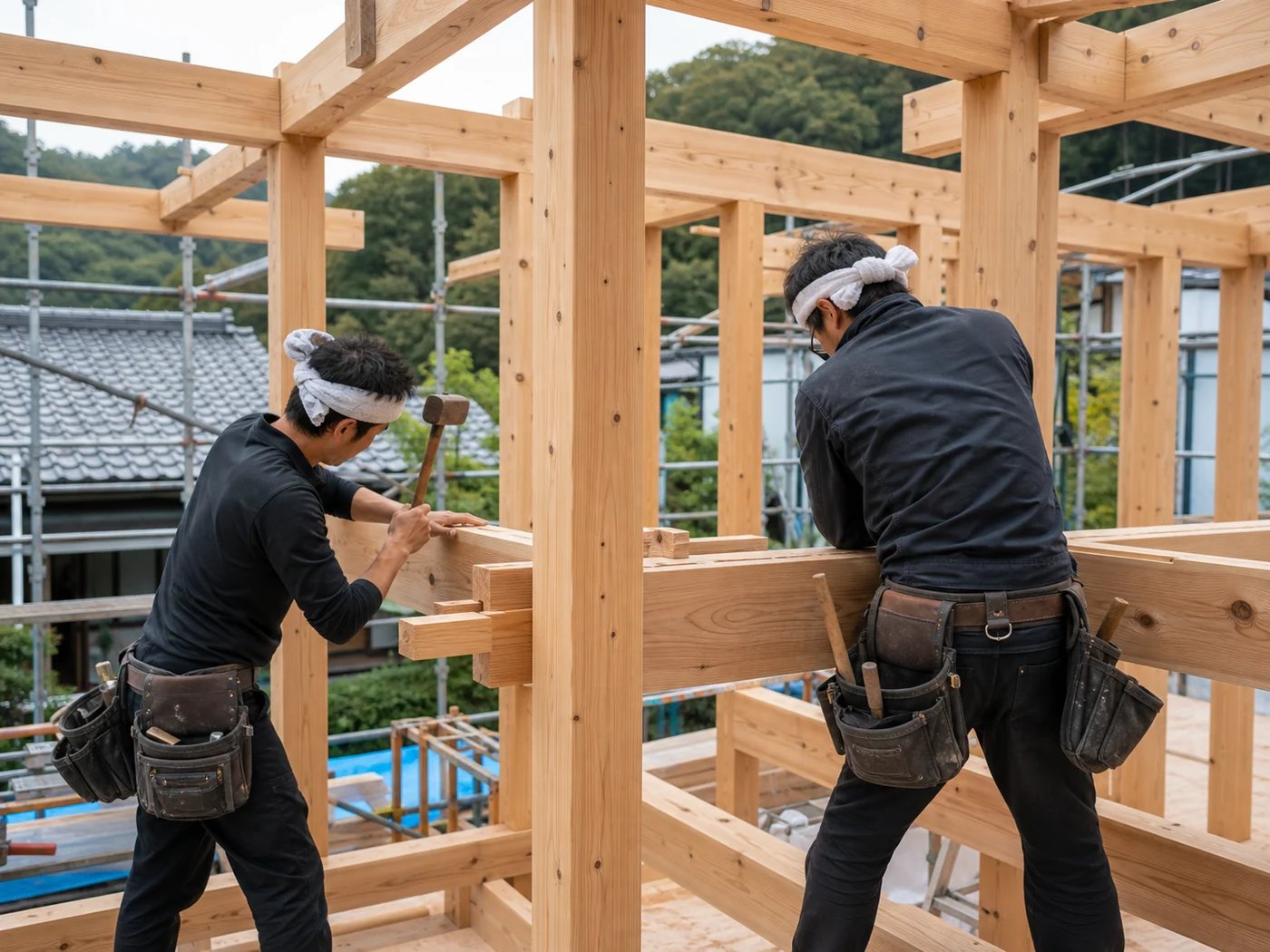 木造の骨組みを施工する大工