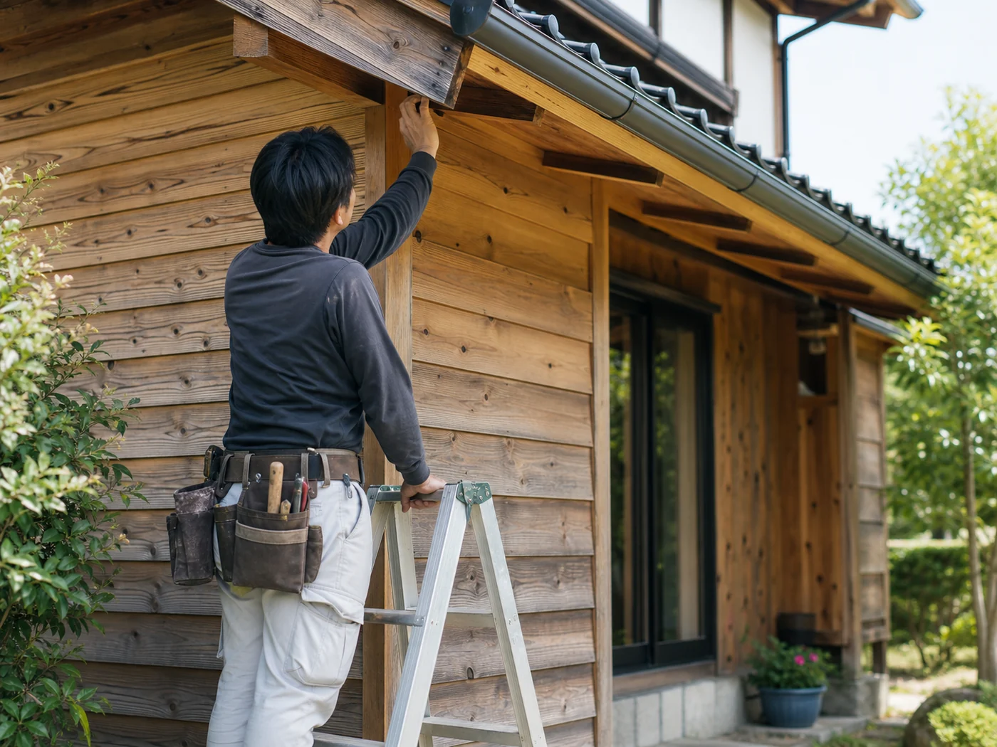木の外壁を点検する職人