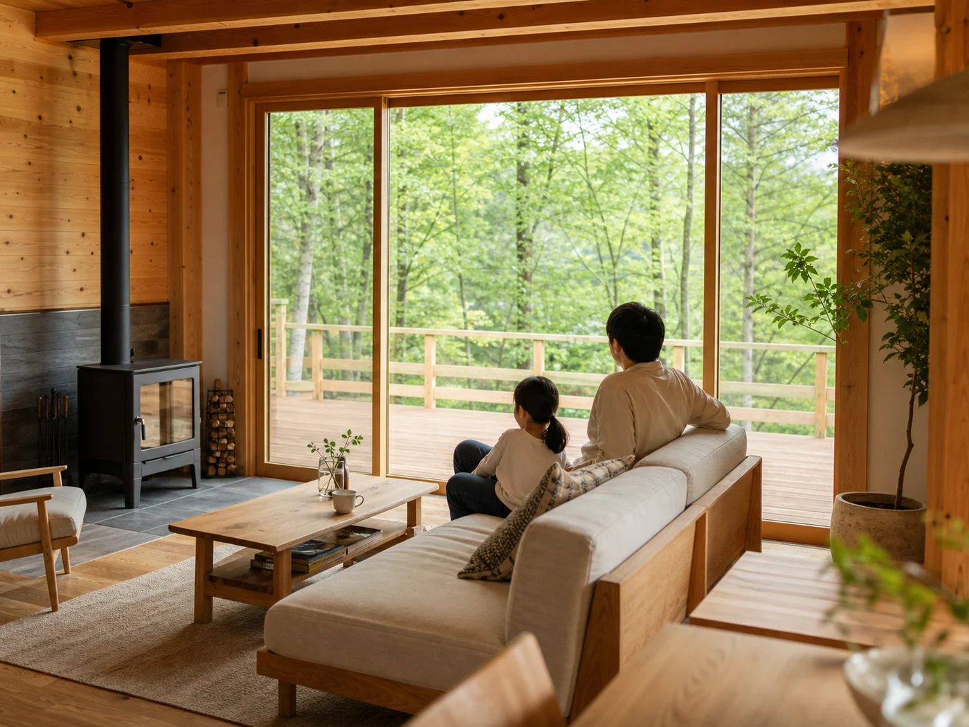 木の家でくつろぐ家族